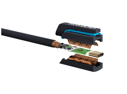 Clicktronic USB-C til HDMI kabel 2 m i eksplosionstegning med synligt ydre, afskærmning, ledninger og printkort.
