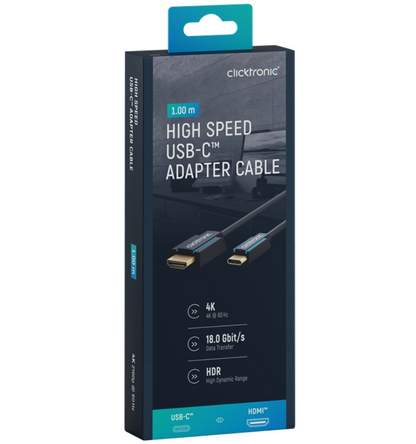 Clicktronic USB-C til HDMI Kabel 2 m, 4K HDR, 18.0 Gbit/s, kabelbillede og produktspecifikationer på æsken.