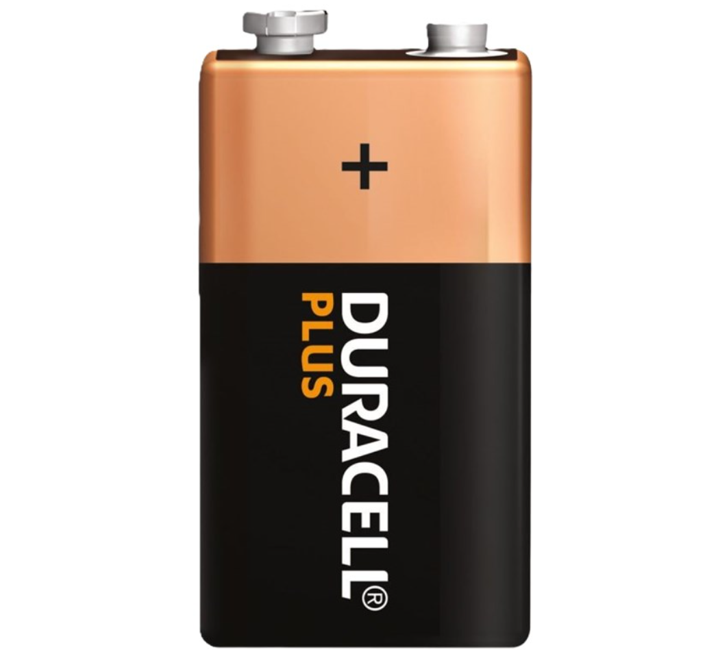 Duracell Plus 9V alkaline batteri med kobbertop og sort krop, DURACELL PLUS-navn vertikalt på siden.