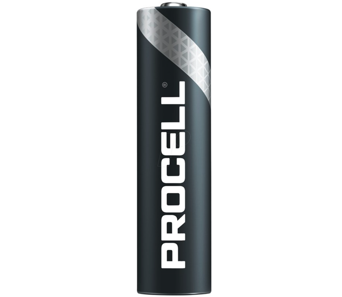 Duracell Procell AAA-batteri, sort med sølv diagonalstribe og lodret hvid PROCELL-logo, fra 10-pak.