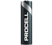 Duracell Procell AAA-batteri, sort med sølv diagonalstribe og lodret hvid PROCELL-logo, fra 10-pak.