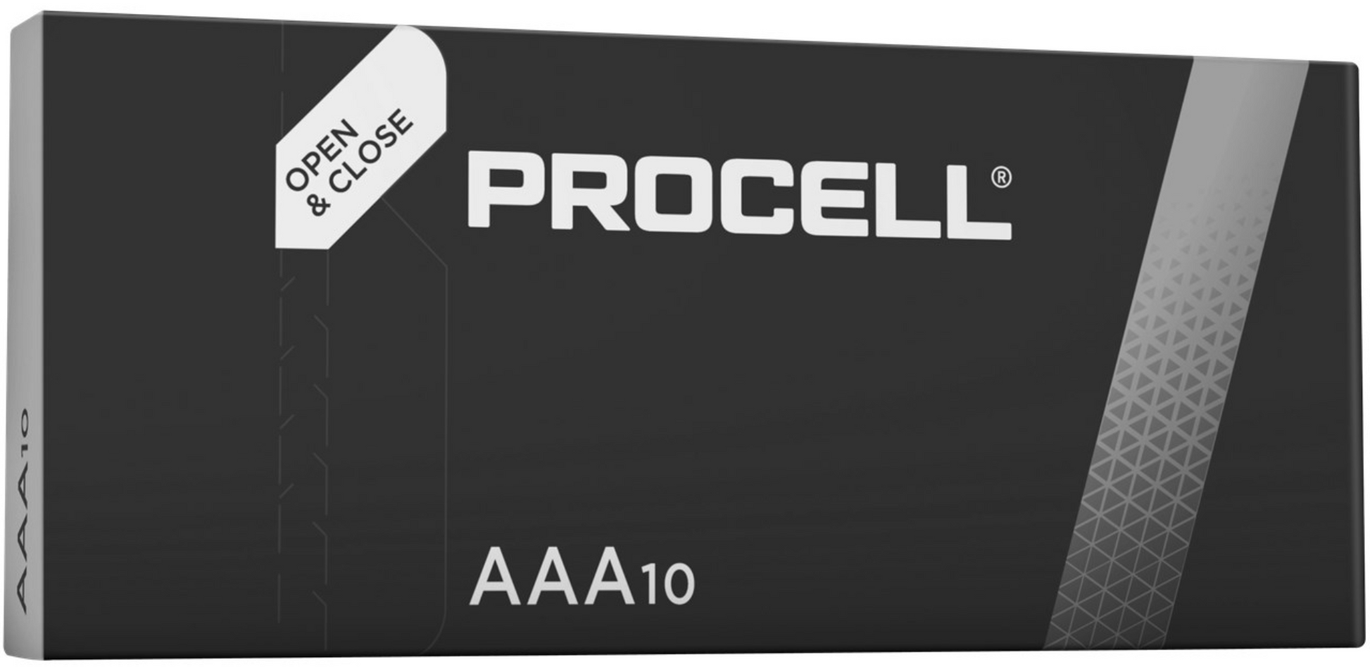 Duracell Procell AAA-batterier 10-pak sort rektangulær æske, åbn/luk-fane i venstre side, indeholder 10 alkaliske batterier.