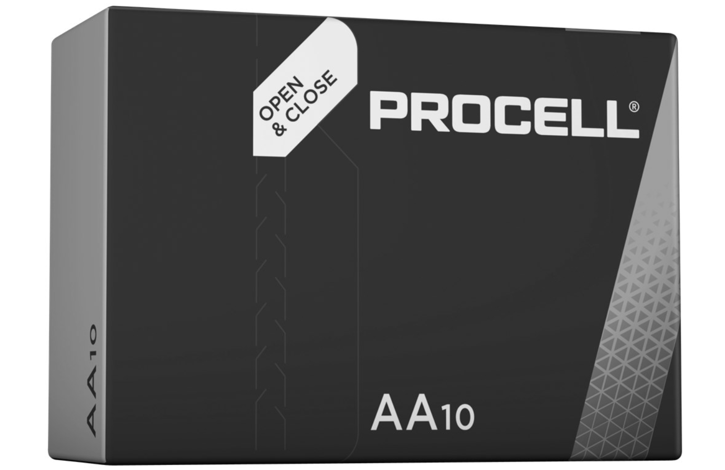 Duracell Procell AA 10-pak sort-grå æske med OPEN  CLOSE tekst og geometrisk mønster, indeholder AA-batterier.