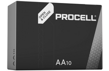 Duracell Procell AA 10-pak sort-grå æske med OPEN  CLOSE tekst og geometrisk mønster, indeholder AA-batterier.