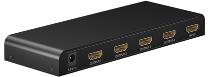 Goobay HDMI 4K/30Hz Splitter 1 til 4 sort med fire mærkede HDMI-udgange, én indgang og strømport.