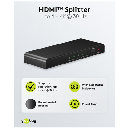 Goobay HDMI 4K/30Hz splitter 1 til 4, sort, fire udgange, LED-indikatorer, metalhus, Goobay-logo.