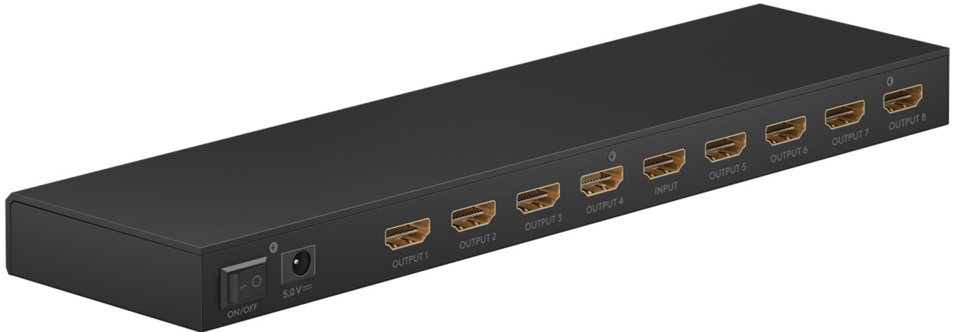 Goobay HDMI 4K/60Hz Splitter 1 til 8, én HDMI-indgang, otte udgange, power-knap og DC-indgang bagpå, 4K UHD-support.