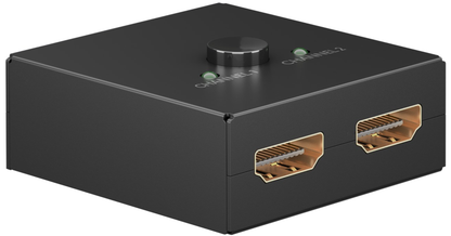 Goobay HDMI 4K/30Hz Switch 1 til 2, sort, bidirektional med CHANNEL 1/2 porte, topknap og to indikatorlys.