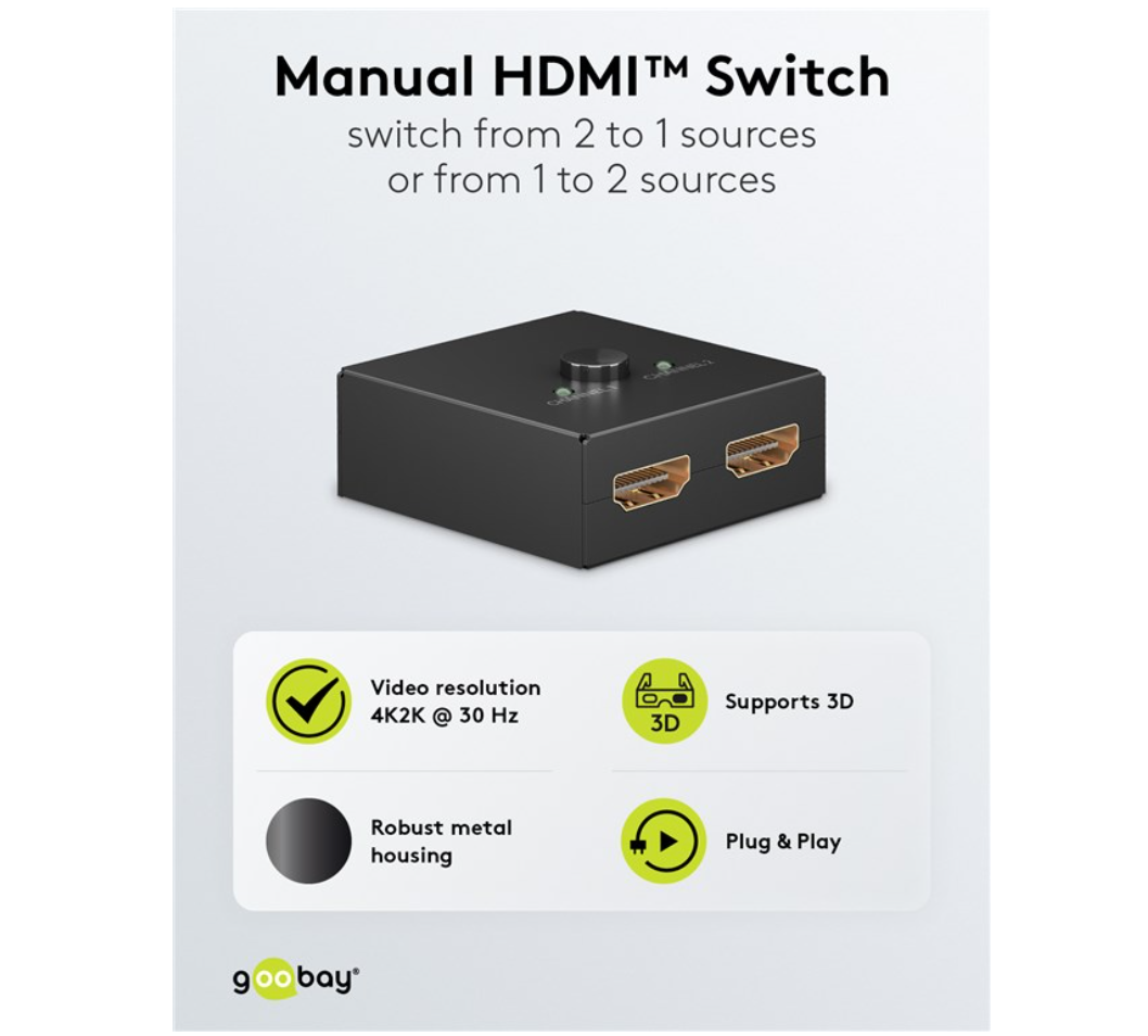 Goobay HDMI 4K/30Hz Switch 1 til 2 sort, til HDMI-porte, understøtter 4K UHD 30Hz, 3D, metalhus, plug  play.