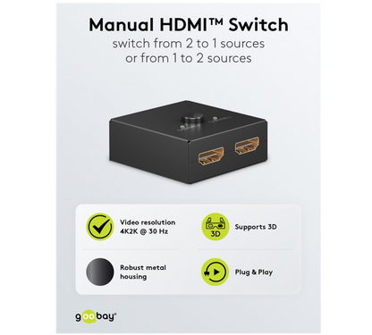 Goobay HDMI 4K/30Hz Switch 1 til 2 sort, til HDMI-porte, understøtter 4K UHD 30Hz, 3D, metalhus, plug  play.