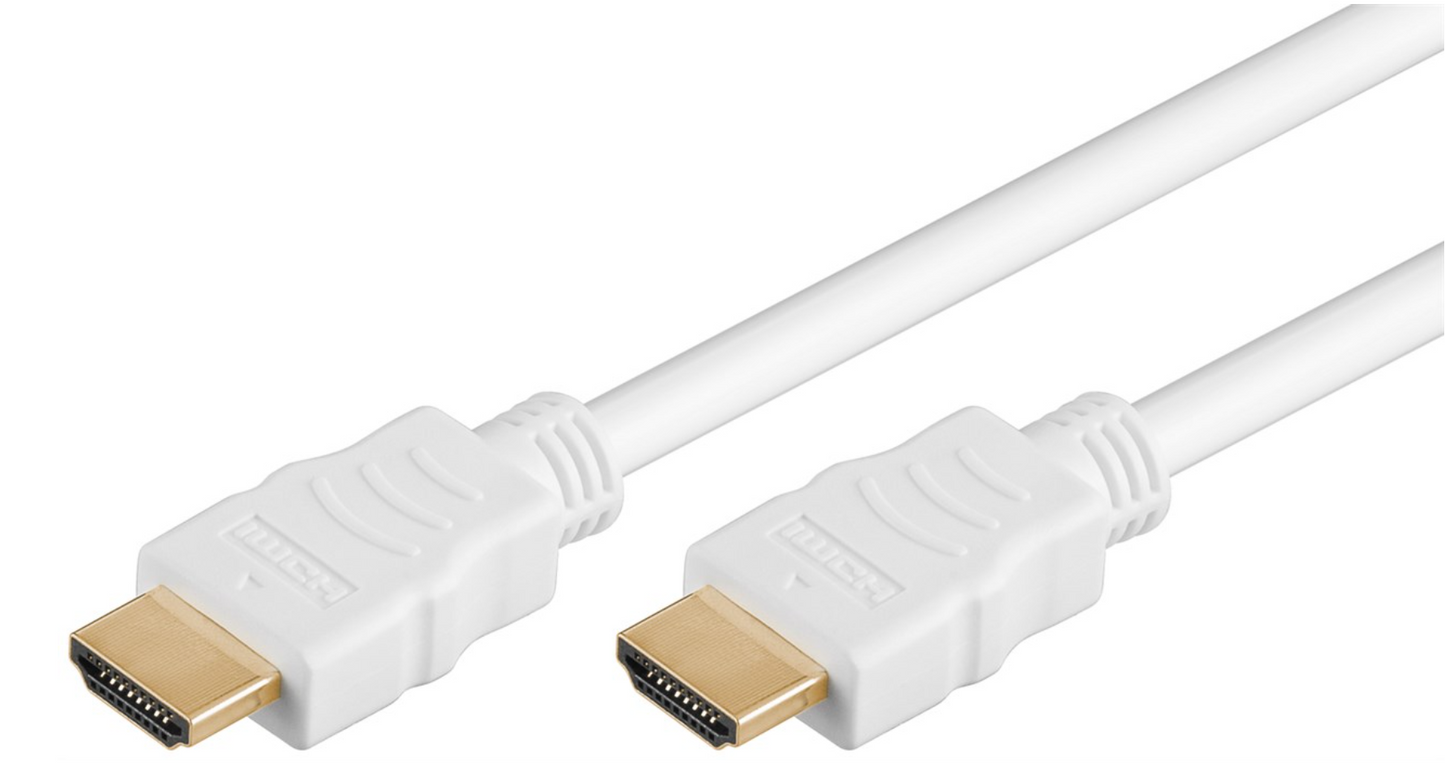 HDMI-kabel 4K/60Hz 3 m hvid, guldpletterede stik, understøtter 4K/60Hz og HDR, til kabler side om side.
