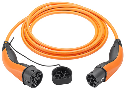 Type 2 opladningskabel til elbil 22 kW 10 m orange med sorte og orange Type 2 stik og sort beskyttelseshætte coilet.