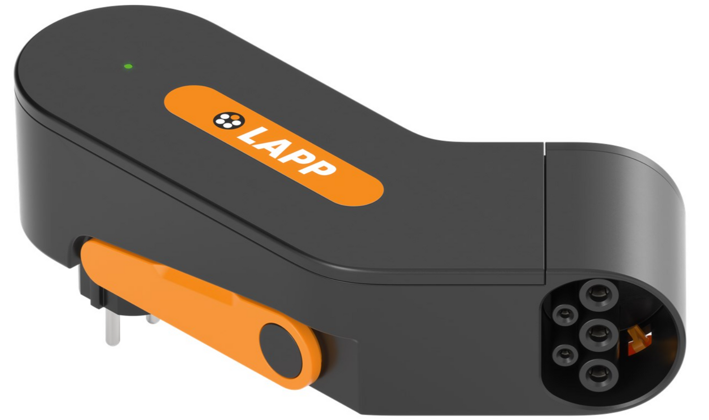 LAPP Mobility Dock ladeadapter CEE 7/7 10A 2,3 kW sort/orange afrundet rektangel flere runde stik grøn indikatorlys.