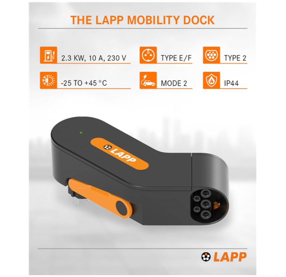 LAPP Mobility Dock ladeadapter CEE 7/7 sort/orange 10A 2,3 kW til elbil Type E/F og Type 2 Mode 2 230V IP44 -25 til +45°C.