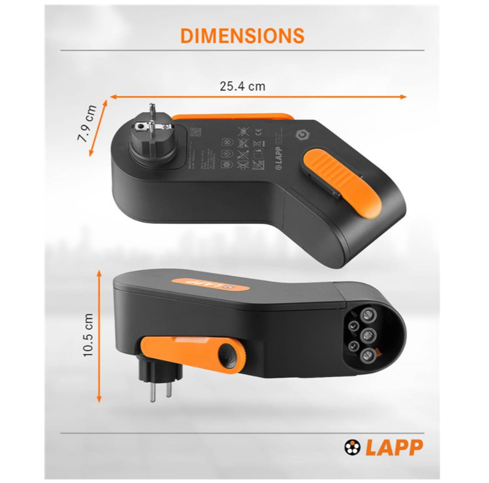 LAPP Mobility Dock ladeadapter CEE 7/7 10A/2,3kW sort/orange, 25,4x10,5x7,9 cm, sæt fra to vinkler med stik og udtag.