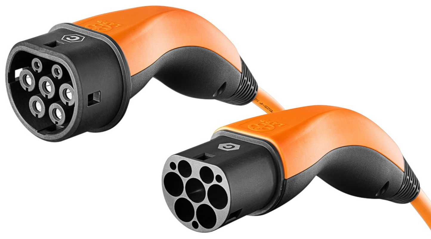 Type 2 opladningskabel til elbil 11 kW 5 m orange med sorte han- og hunstik med runde metalben.