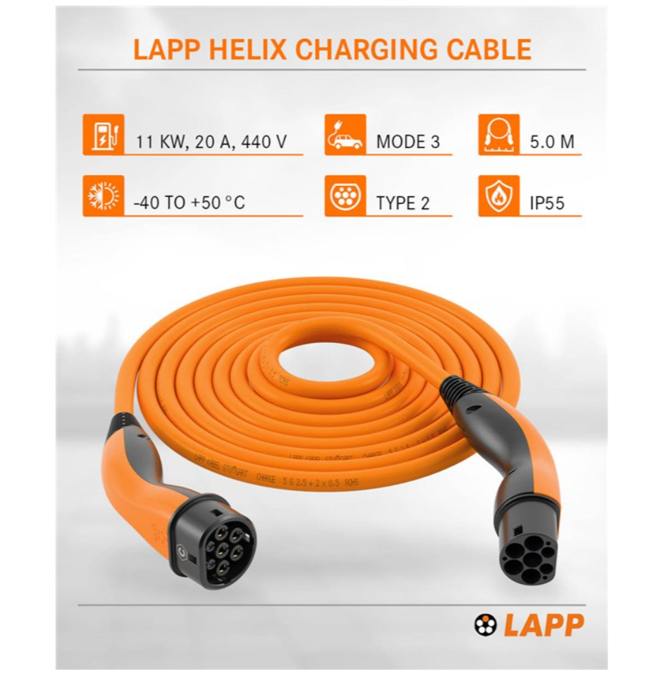 Type 2 opladningskabel til elbil, orange, 5 m, 11 kW, 20A, 440V, Mode 3, IP55, synlige stik.