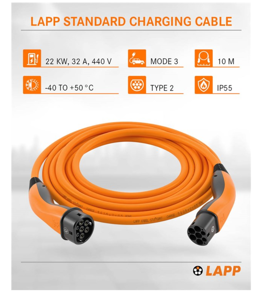 LAPP type 2 opladningskabel til elbil 22 kW 10 m orange coiled sorte stik mode 3 32A 440V IP55 -40 til +50°C.