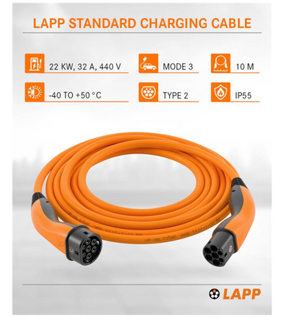 LAPP type 2 opladningskabel til elbil 22 kW 10 m orange coiled sorte stik mode 3 32A 440V IP55 -40 til +50°C.