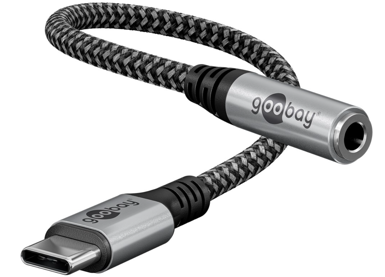 USB-C til 3,5 mm minijack-adapter med sort og grå flettet kabel.