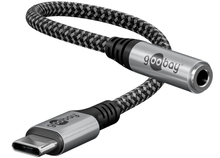 USB-C til 3,5 mm minijack-adapter med sort og grå flettet kabel.