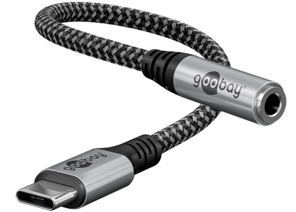USB-C til 3,5 mm minijack-adapter med sort og grå flettet kabel.