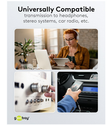 USB-C til 3,5 mm Minijack-adapter til tablet og smartphone, vises i brug med hovedtelefoner og bilradio, universelt kompatibel.