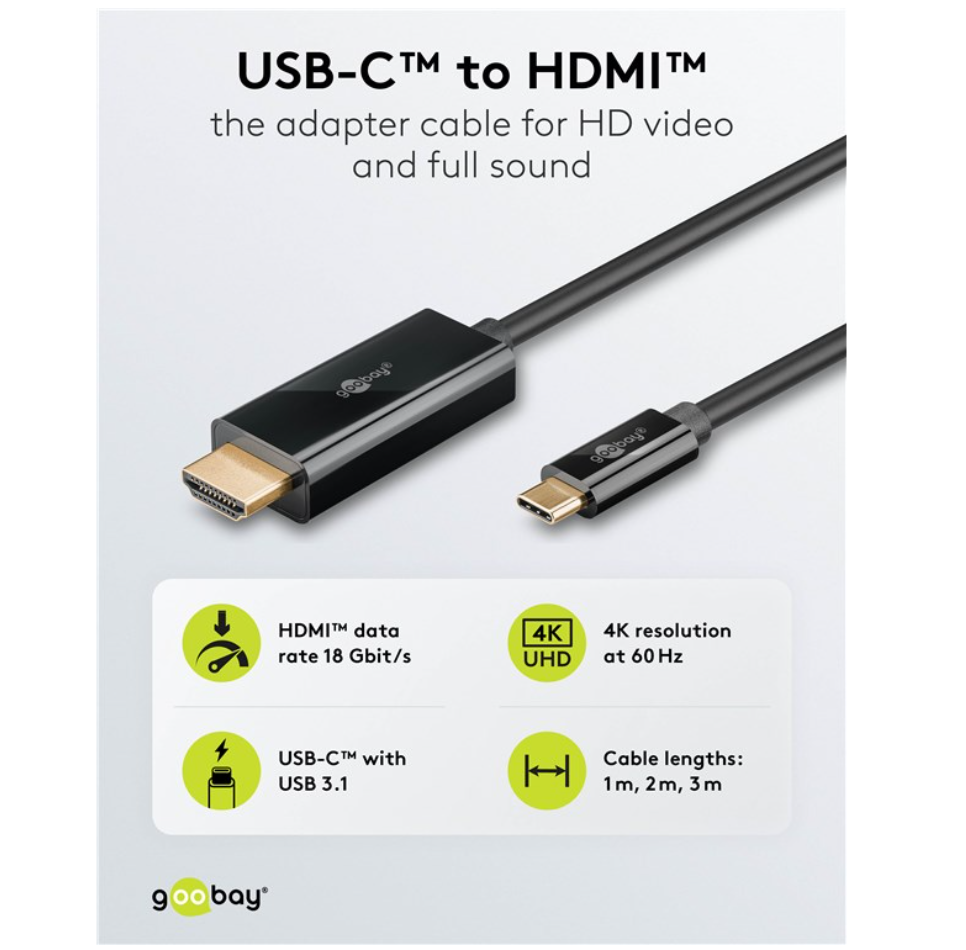 Goobay USB-C til HDMI kabel sort 3m 4K/60Hz Thunderbolt-kompatibel HDMI 18 Gbit/s USB-C USB 3.1 fås i 1m, 2m, 3m.