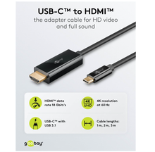 Goobay USB-C til HDMI kabel sort 3m 4K/60Hz Thunderbolt-kompatibel HDMI 18 Gbit/s USB-C USB 3.1 fås i 1m, 2m, 3m.