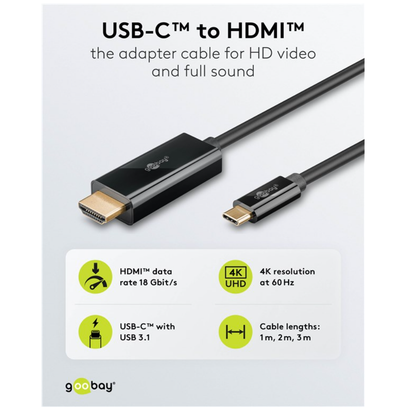 Goobay USB-C til HDMI kabel sort 3m 4K/60Hz Thunderbolt-kompatibel HDMI 18 Gbit/s USB-C USB 3.1 fås i 1m, 2m, 3m.