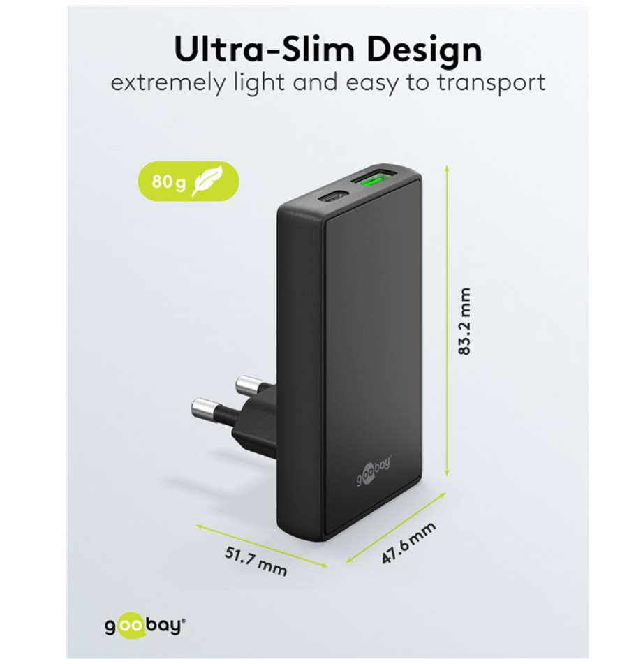 Goobay USB-A + USB-C multilader 45W sort, vægt 80g, til USB-porte, mål 83,2x51,7x47,6 mm.