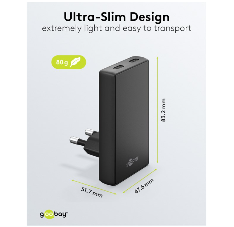 Goobay 2xUSB-C multilader 45W sort, vægt 80g, mål 83,2x51,7x41,6mm, kompakt oplader med to USB-C porte.