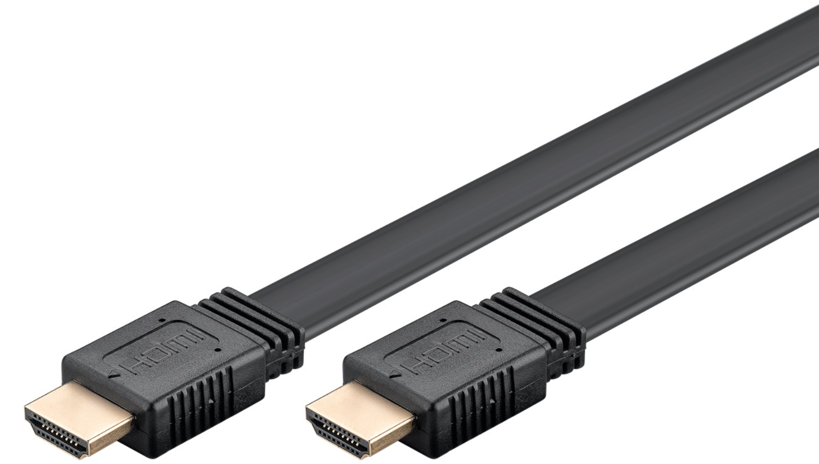 Goobay HDMI 2.1 flade kabler 8K/60Hz 1m sort med guldbelagte stik, til stk vises side om side.