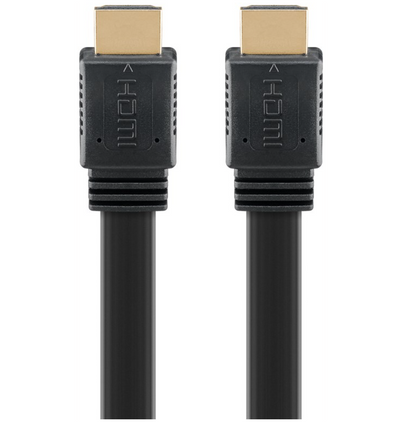 HDMI 2.1 fladt kabel 8K/60Hz, 1 m, sort, guldbelagt stik med HDMI-logo trykt på hvert stik, vises side om side.