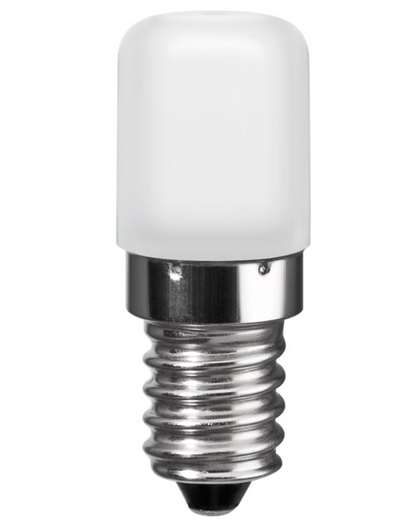 Goobay E14 LED køleskabspære 3,5W, matteret hvid top, metalsokkel, varm hvid 3000K, 300° strålevinkel.