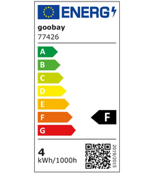 EU-energimærke til Goobay E14 LED køleskabspære 3,5W F A-G 4kWh/1000h varm hvid 3000K 300° QR-kode og EU-flag øverst.