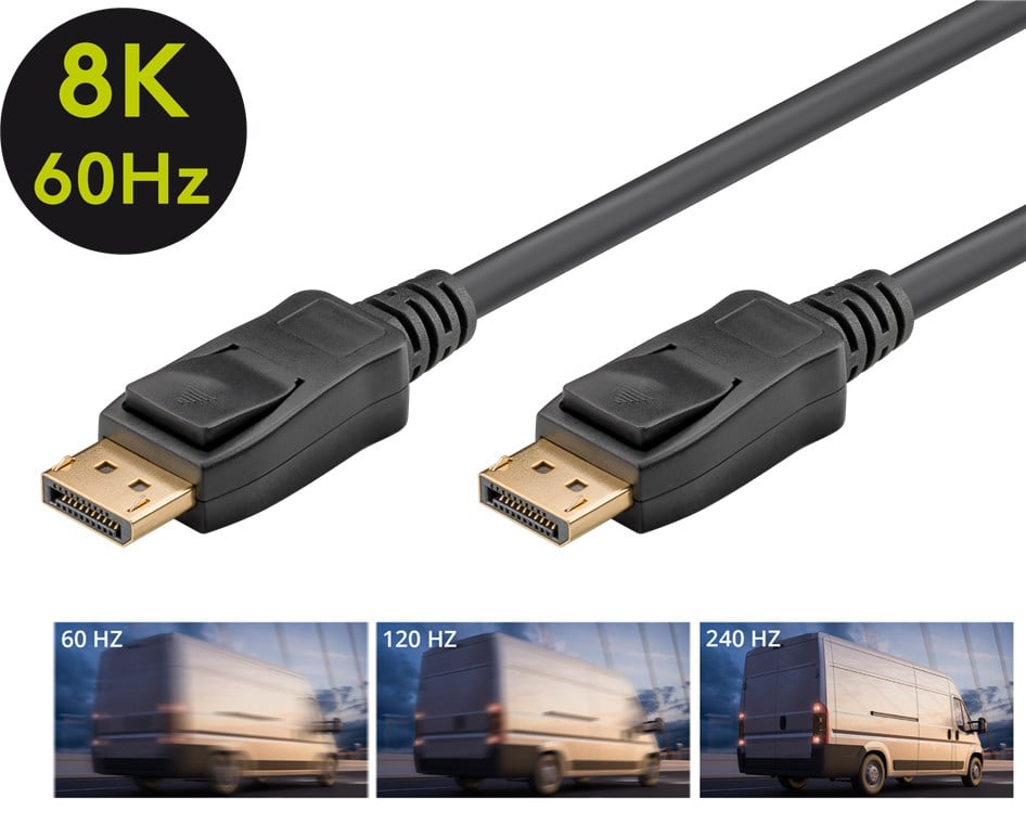 Displayport 2.1 8K/120Hz kabel 3m sort med guldbelagt stik, tekst "8K 120Hz", grafik viser Hz forskelle.