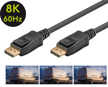 Displayport 2.1 8K/120Hz kabel 3m sort med guldbelagt stik, tekst "8K 120Hz", grafik viser Hz forskelle.