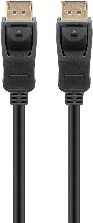 Goobay Displayport 2.1 kabel 1m sort, guldpletterede stik og låseclips, understøtter 8K/120Hz, til kabler ved siden af hinanden.