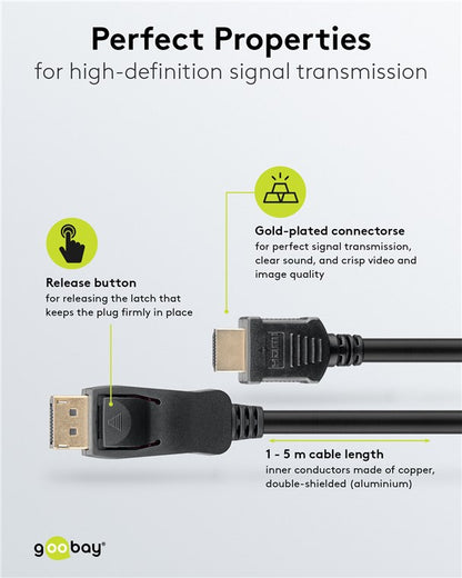Displayport til HDMI kabel 5 m sort, guldbelagte stik, udløserknap, dobbelt afskærmning, understøtter 4K UHD.