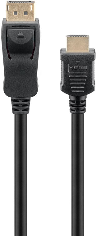 Displayport til HDMI kabel 3 m sort, guldbelagt stik, understøtter 4K, DisplayPort til venstre og HDMI til højre.