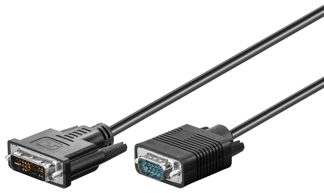 Goobay DVI-A til VGA kabel 1m sort, DVI-I han til venstre, VGA (HD-15) han til højre, understøtter 1080p, dobbelt afskærmning.