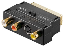 Scart til Komposit/S-Video adapter sort, SCART omskifter, 3x RCA (rød/hvid/gul), S-Video port, Input/Output switch.
