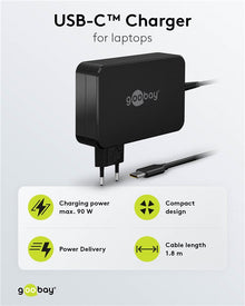 Goobay USB-C oplader 90W til bærbar, sort, Power Delivery 3.0, 1,8 m kabel, Goobay-logo på lader og bundt.