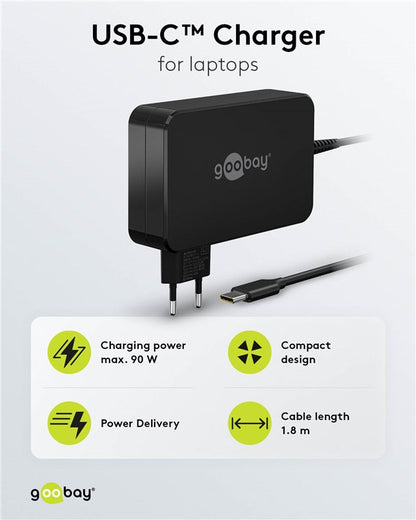 Goobay USB-C oplader 90W til bærbar, sort, Power Delivery 3.0, 1,8 m kabel, Goobay-logo på lader og bundt.