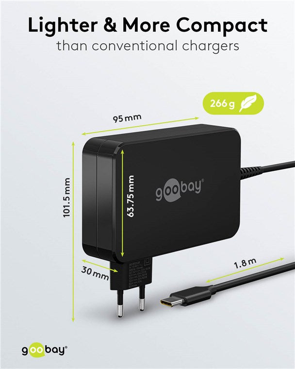 Goobay USB-C oplader 90W sort, Power Delivery 3.0, 101,5x95x30mm, 266g, inkl. 1,8m kabel til bærbar computer.