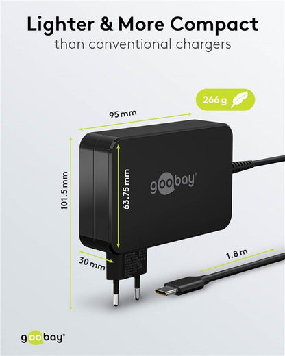 Goobay USB-C oplader 90W sort, Power Delivery 3.0, 101,5x95x30mm, 266g, inkl. 1,8m kabel til bærbar computer.