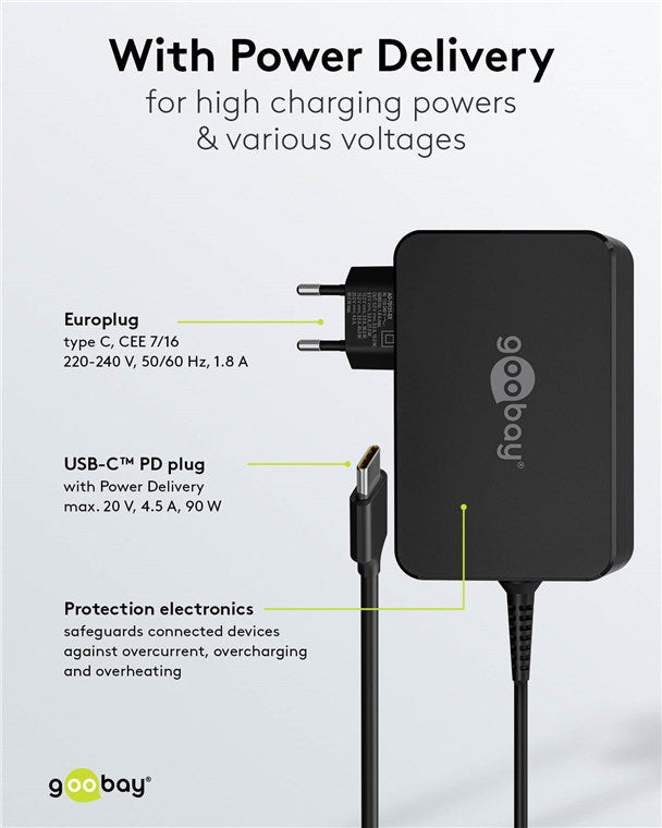 Goobay USB-C oplader til bærbar 90W sort, Europlug, Power Delivery 3.0, beskyttende elektronik.