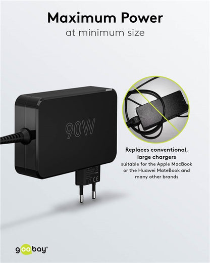 Goobay USB-C oplader 90W sort med Power Delivery 3.0, europæisk stik, Goobay-logo nederst.