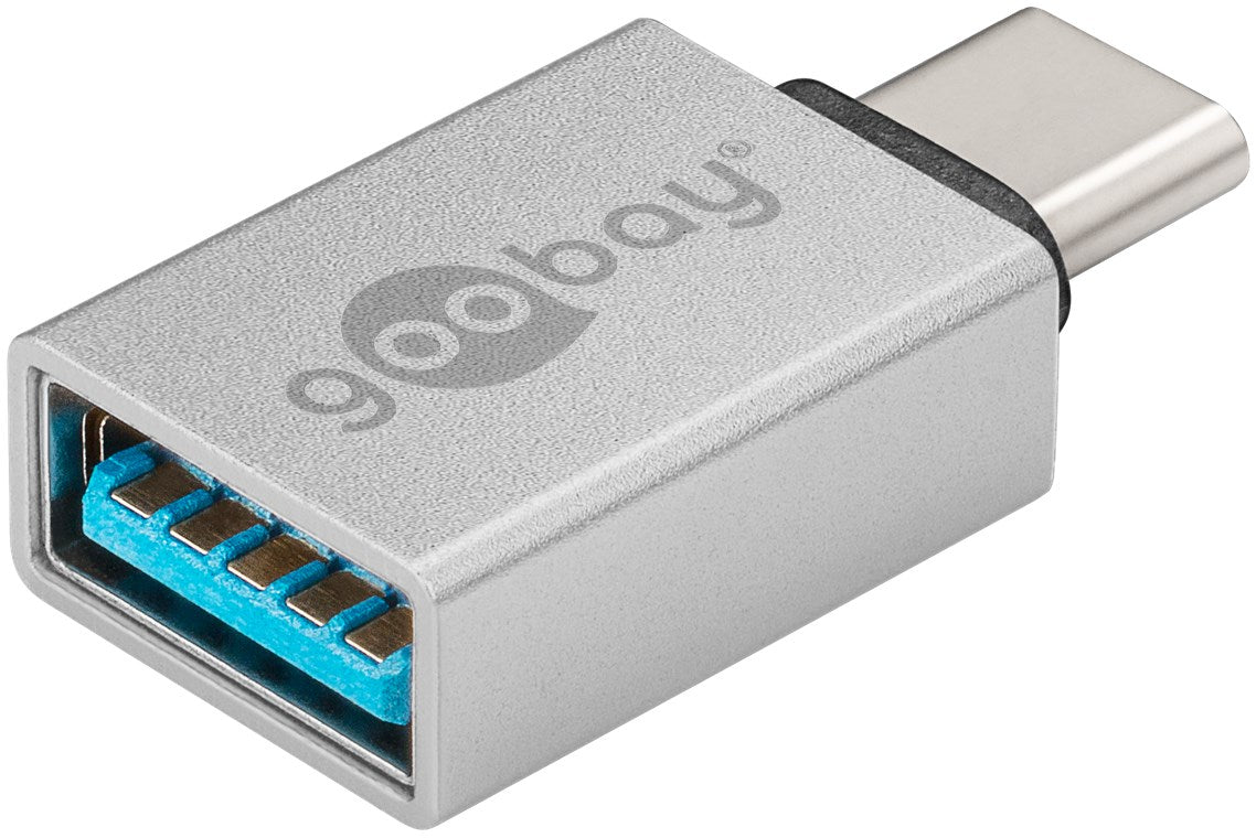 USB-C til USB-A OTG adapter, metalhus, USB-A port og USB-C stik, understøtter USB 3.0, nærbillede.